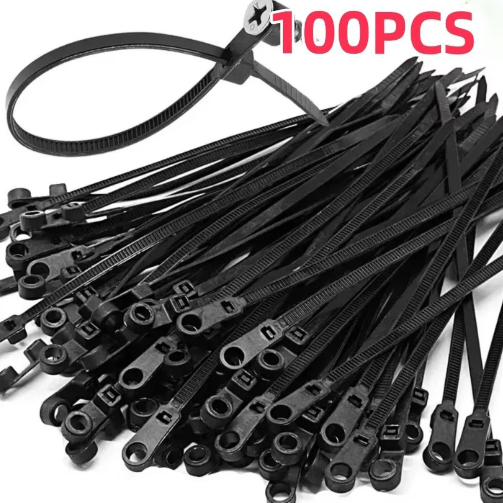 100PCS Nylon Cable Ties Screw Hole Mount Self Locking Wire Zip Ties Black Kit