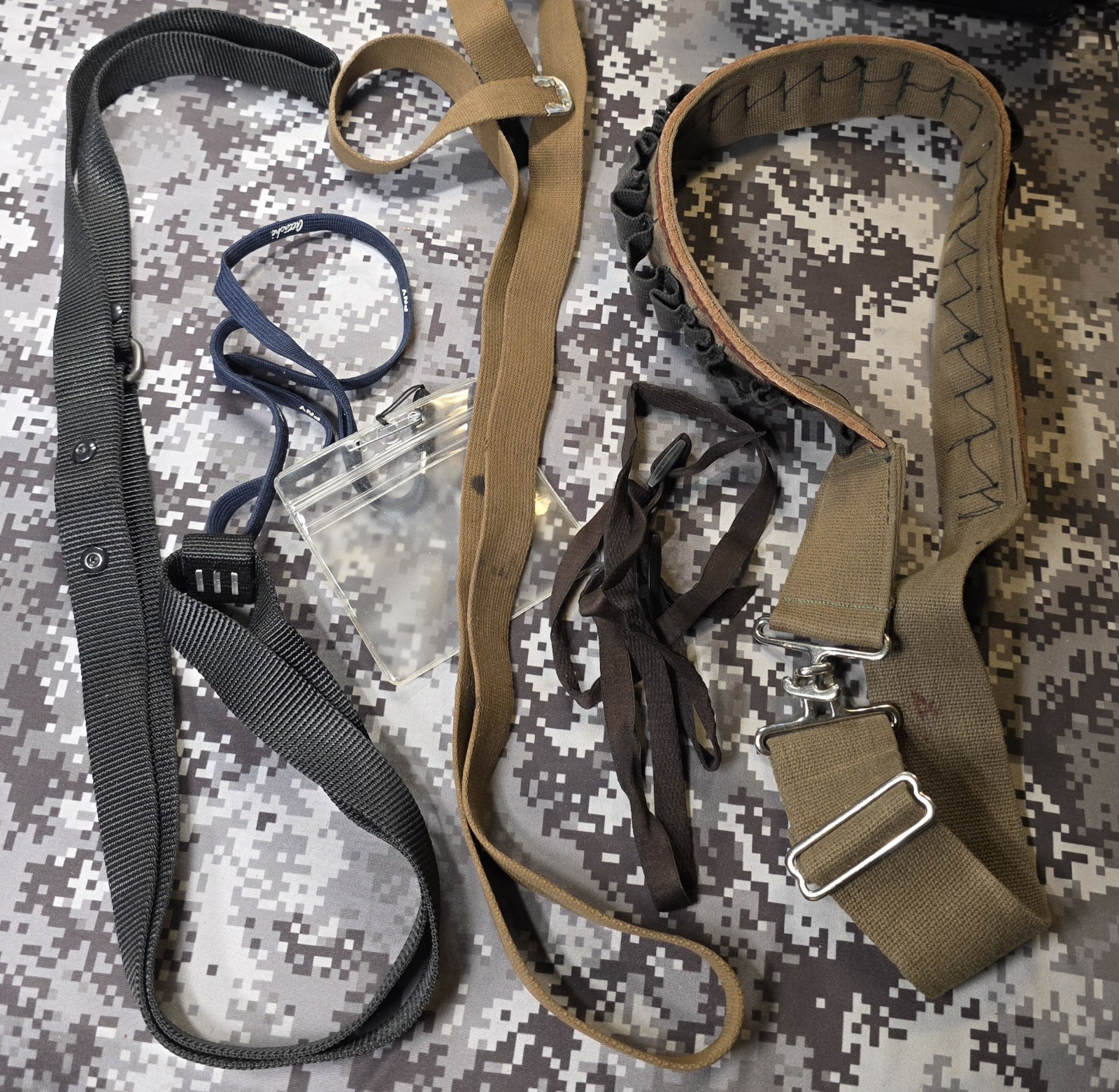 WEB SLING VINTAGE SHOTGUN SHELL AMMO BELT BINO STRAP FISHING LICENSE HOLDER LOT
