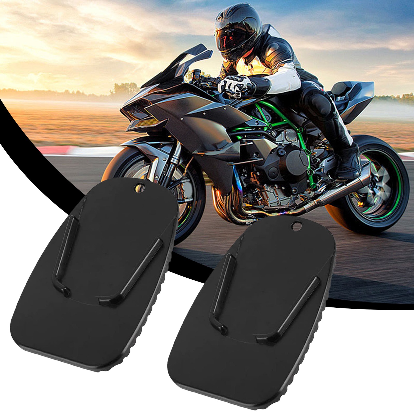 2Pcs Motorcycle Kickstand Pad Black Rugged Kick Stand Coaster Support Plate