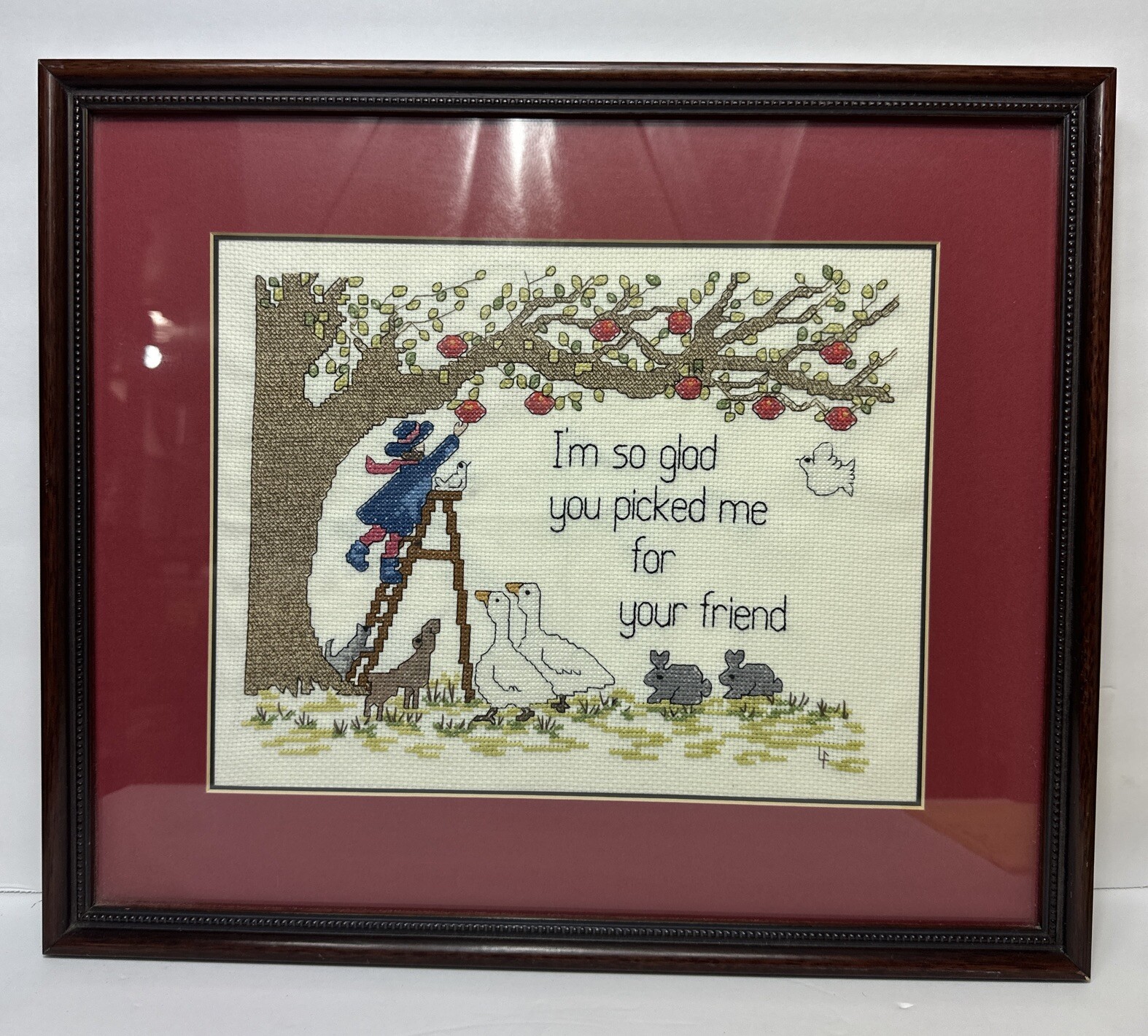 VTG "I'm so glad you picked me for your friend" Framed Matted Cross Stitch 16x14