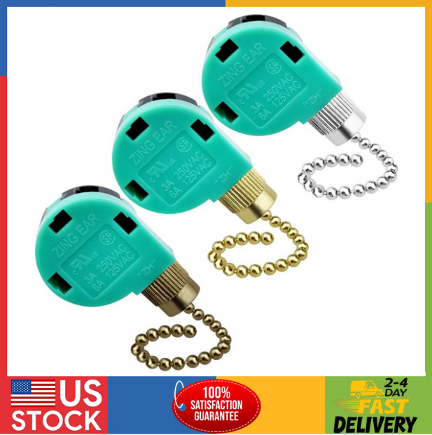 3 Pack Ceiling Fan Switch 3 Speed 4 Wire Zing Ear ZE-268S6 Fan Pull Chain Switch