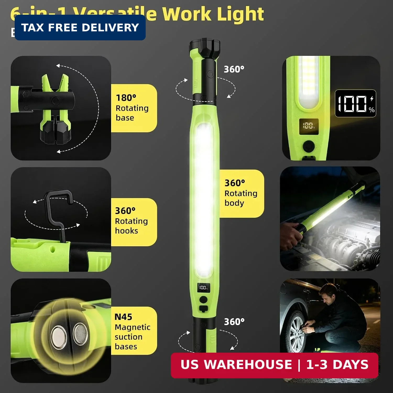 2 Pack Rechargeable LED Work Light, 3000LM Portable Mechanic Light with Magnetic