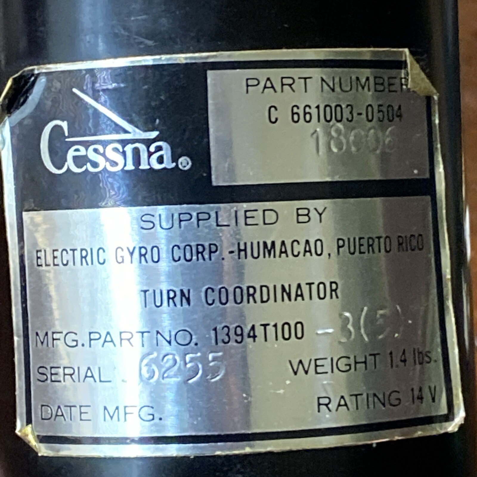 Electric Gyro Corp Turn Coordinator 1394T100-3(5) - Parts Only