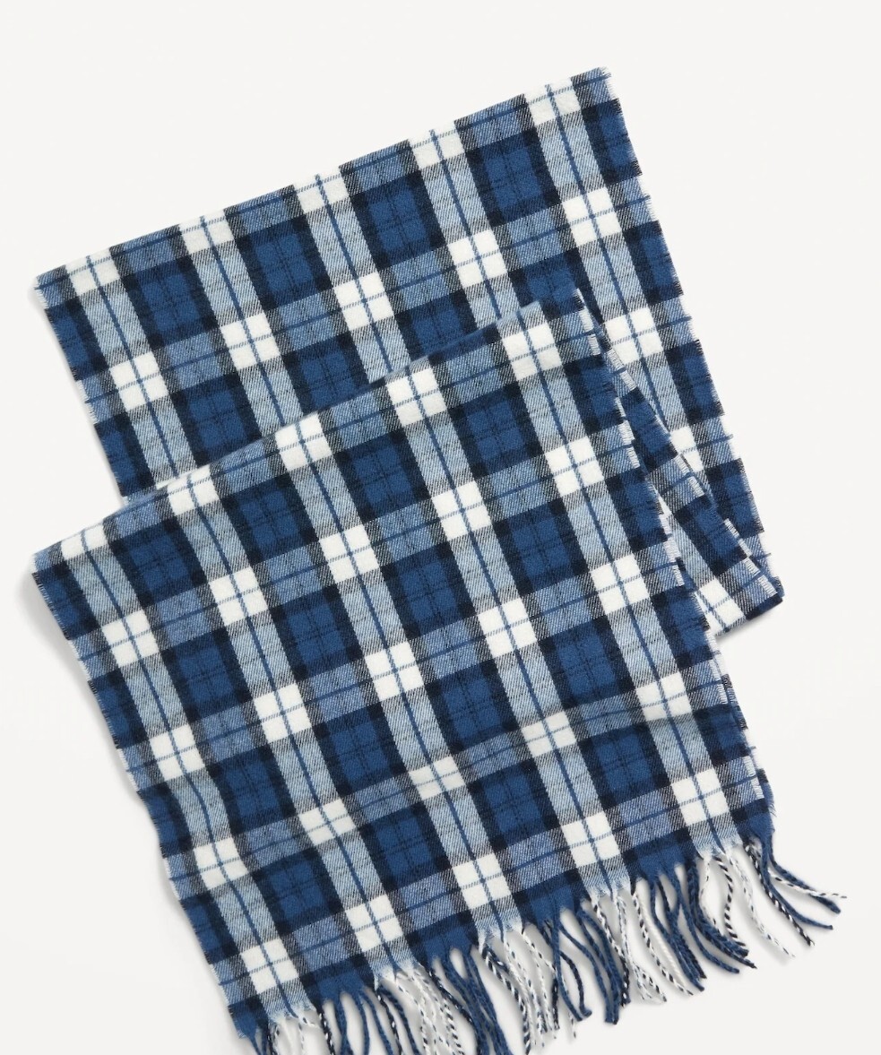 Old Navy Mens Plaid Flannel Scarf One Size Blue White Plaid Fringe 13x67