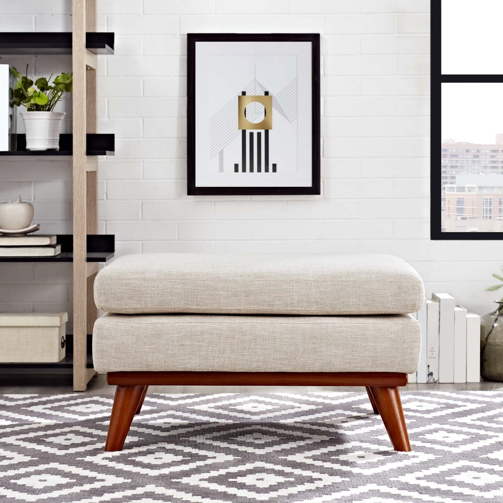 Modway Mid-Century Modern Upholstered Fabric Square Ottoman in Beige