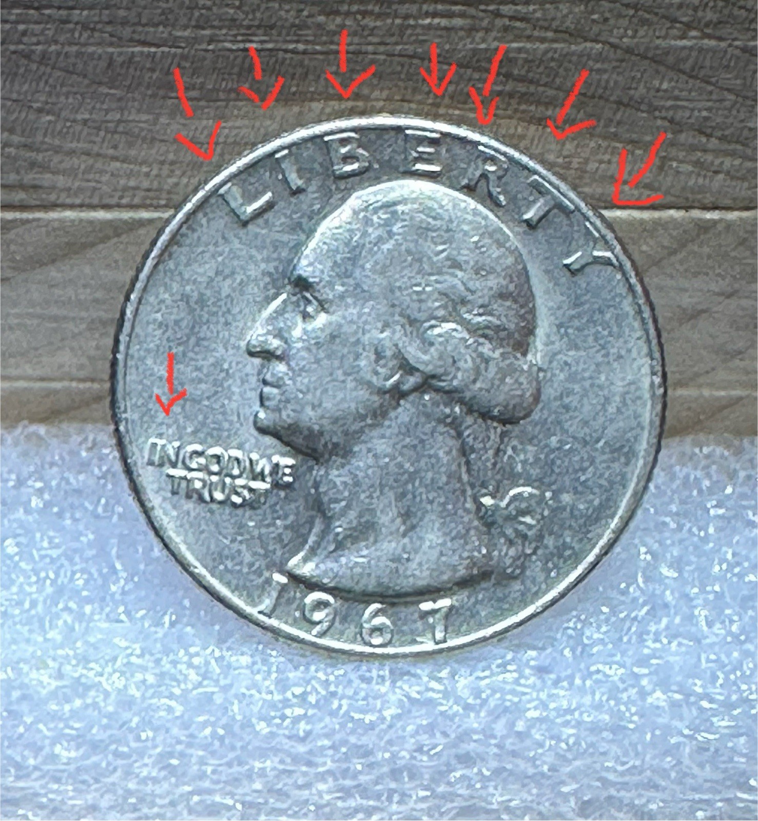 1967 Washington Quarter, No Mint Mark, DDR, Doubling In Lettering Obv/Rev