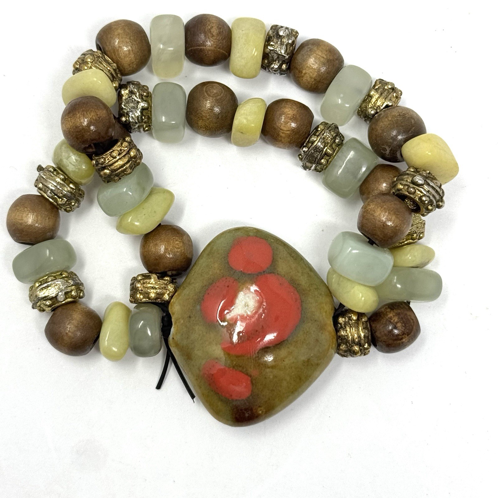 Polished Natural Stone Stretch Bracelet Double Strand Beaded Wood Metal Rock