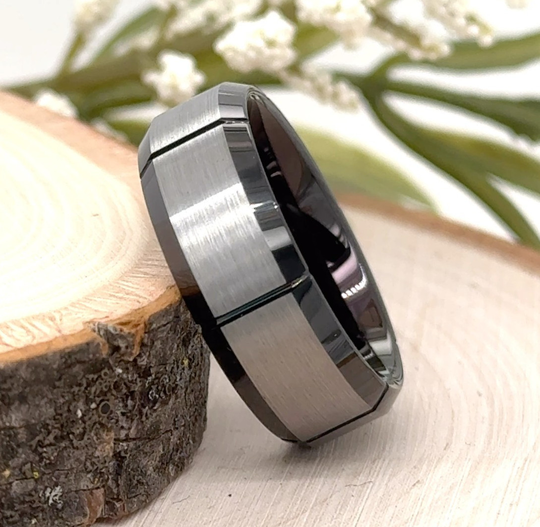 Men Ring For Christmas Brushed Stripes Polished Durable Band 8mm Black Tungsten
