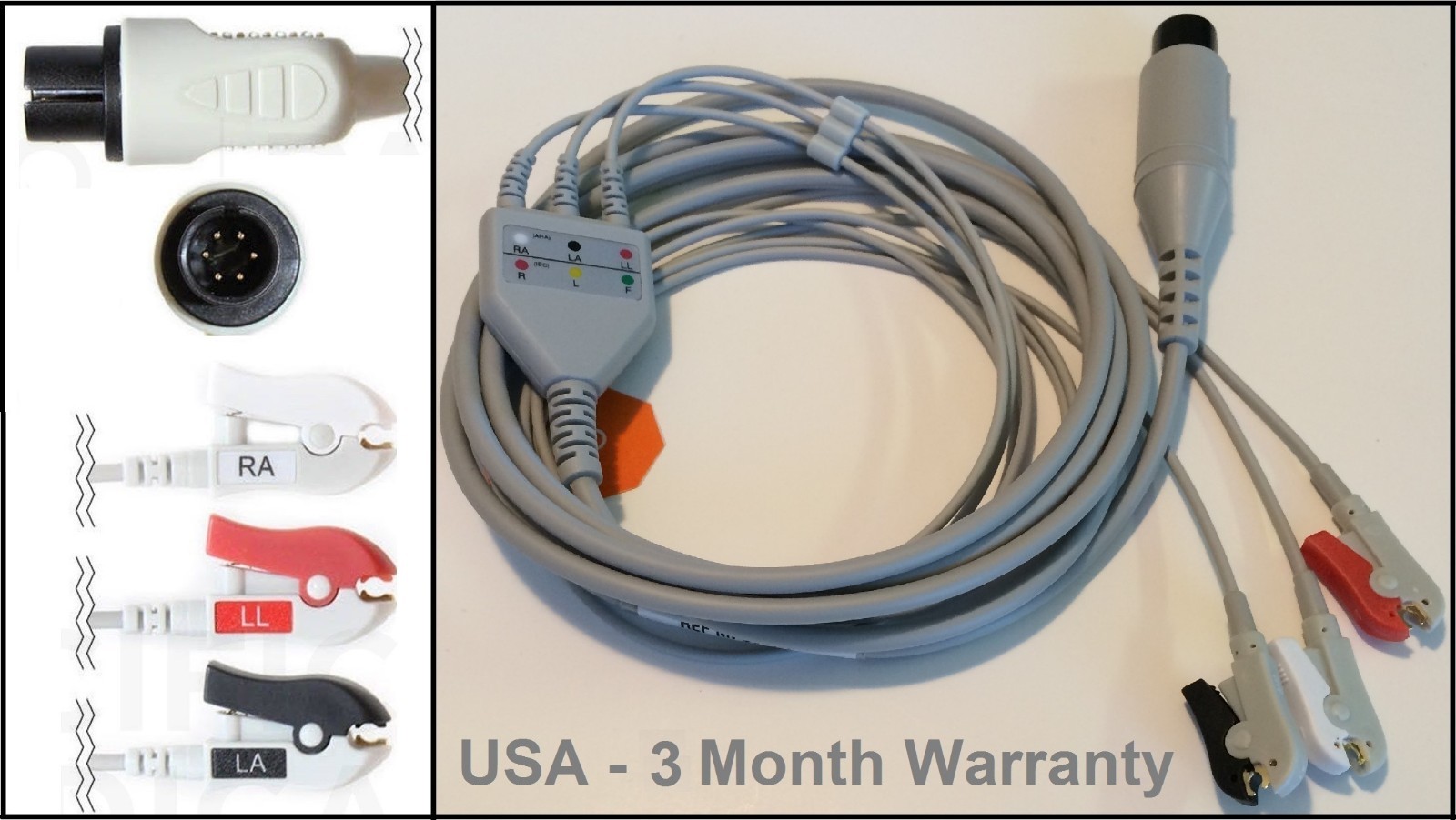 EKG ECG 6Pin 3Lead AHA Clip Cable, Zoll E R M PD Series, GE Dinamap Critikon MPS