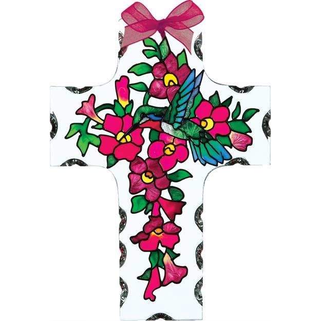 Joan Baker hand painted glass art Cross Suncatcher-SX2504-Hummingbird new item
