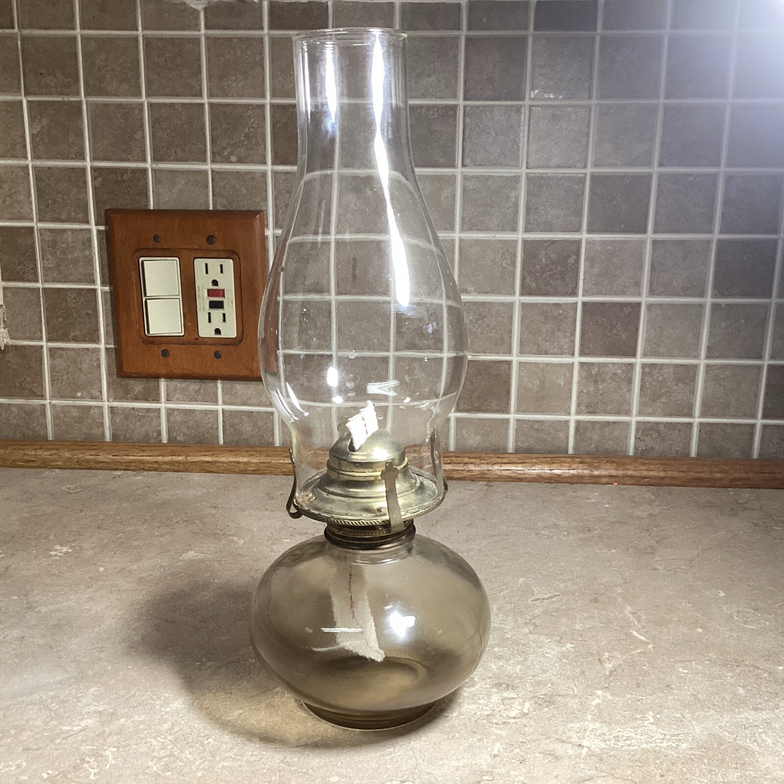 Lamphouse Farms Oil Lamp  Clear Gold Tint  Glass W/ Chimney 13”Tall-