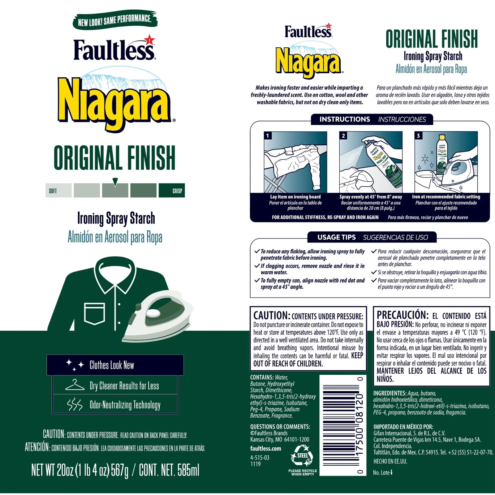 2 Pack Faultless Niagara Original Finish Ironing Spray Starch - 20 OZ Each - NEW
