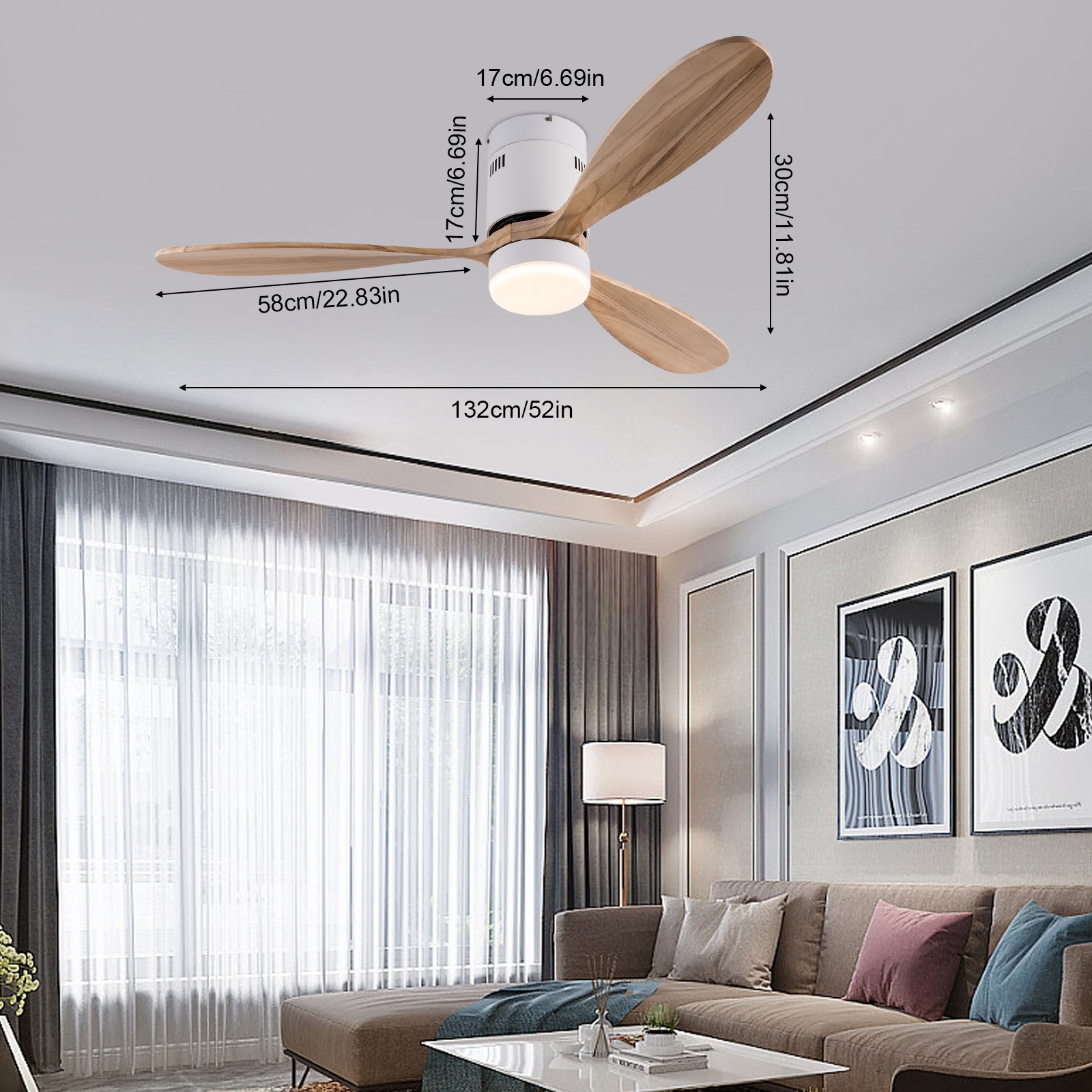 52 Inch Smart Ceiling Fan with Dimmable Light 6-speed Adjustable Ceiling Fan