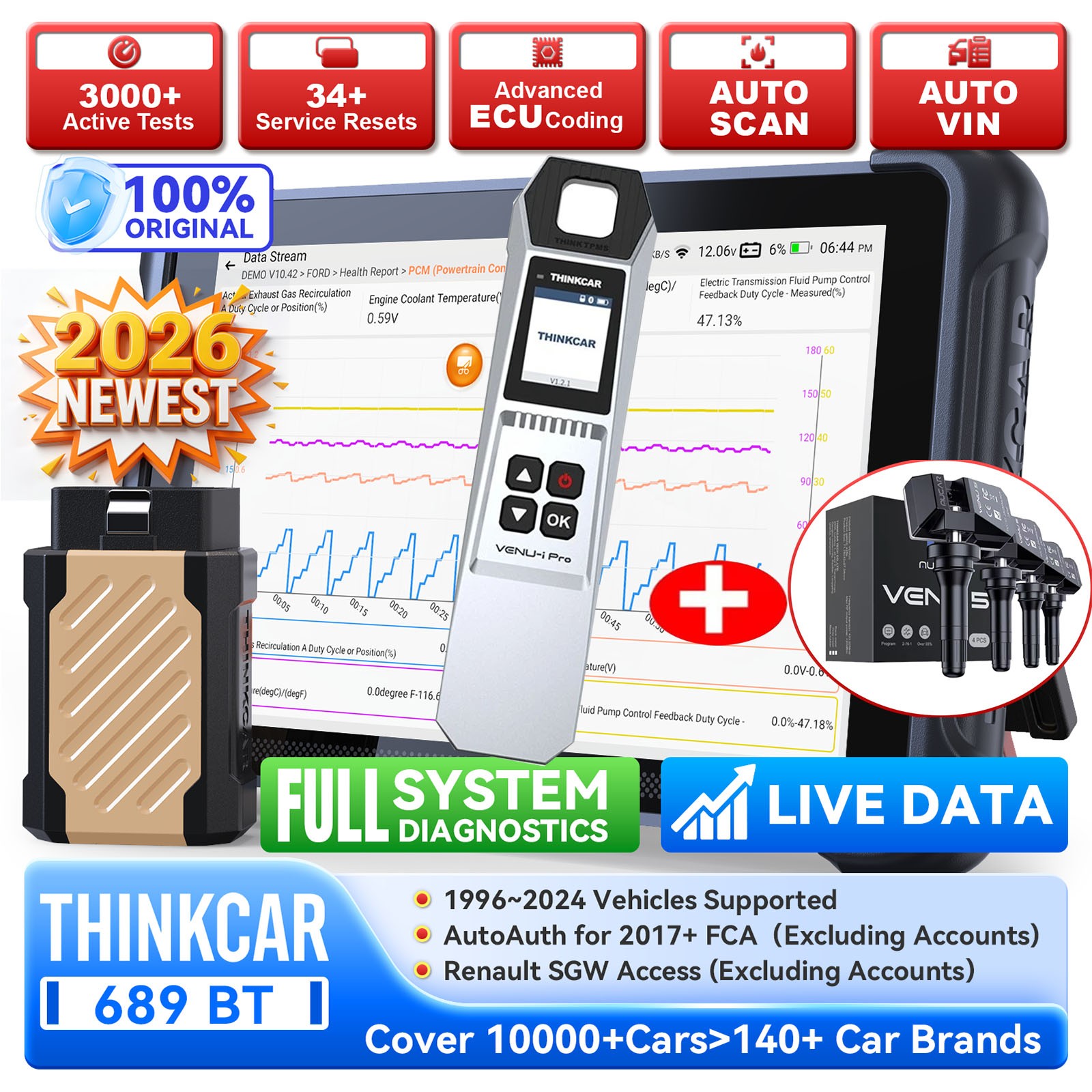 ThinkScan 689/689BT TKEY101 TPMS Car Diagnostic OBD2 Scanner Tool Active Test
