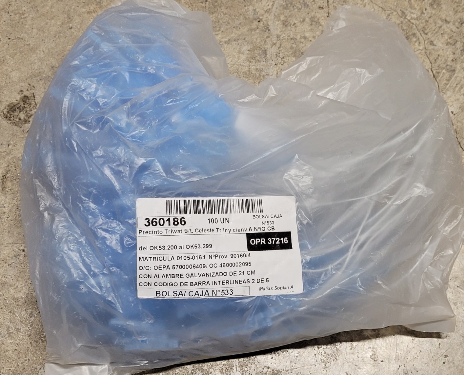100 Pieces Triwat Seal Light Blue With 21cm Galvanized Wire And Barcode 360186