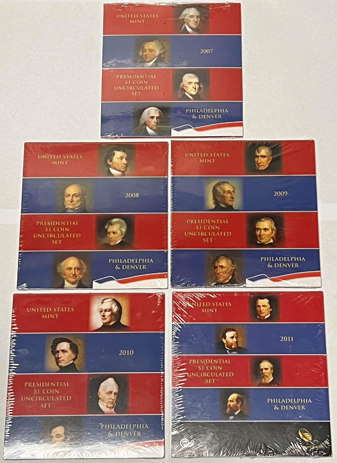 2007 - 2011 United States Mint Presidential $1 Coin Uncirculated 5 Sets P & D