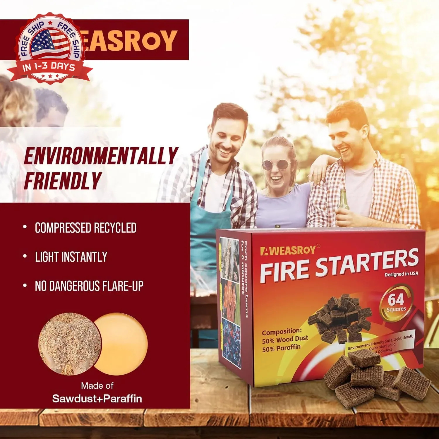 Fire Starter Squares 64 - Fire Starters for Fireplace,Chimney,BBQ Grill,Camping