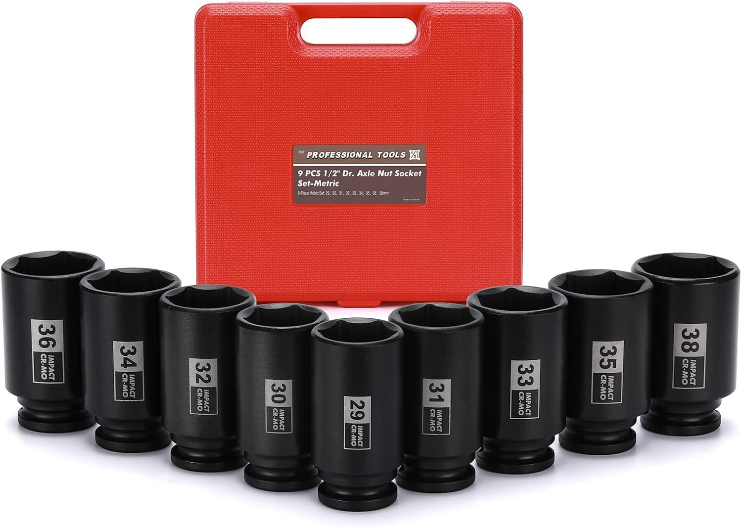 9PCS 1/2 Inch Drive Deep Impact Socket Set, 29-38MM, Spindle Axle Nut S