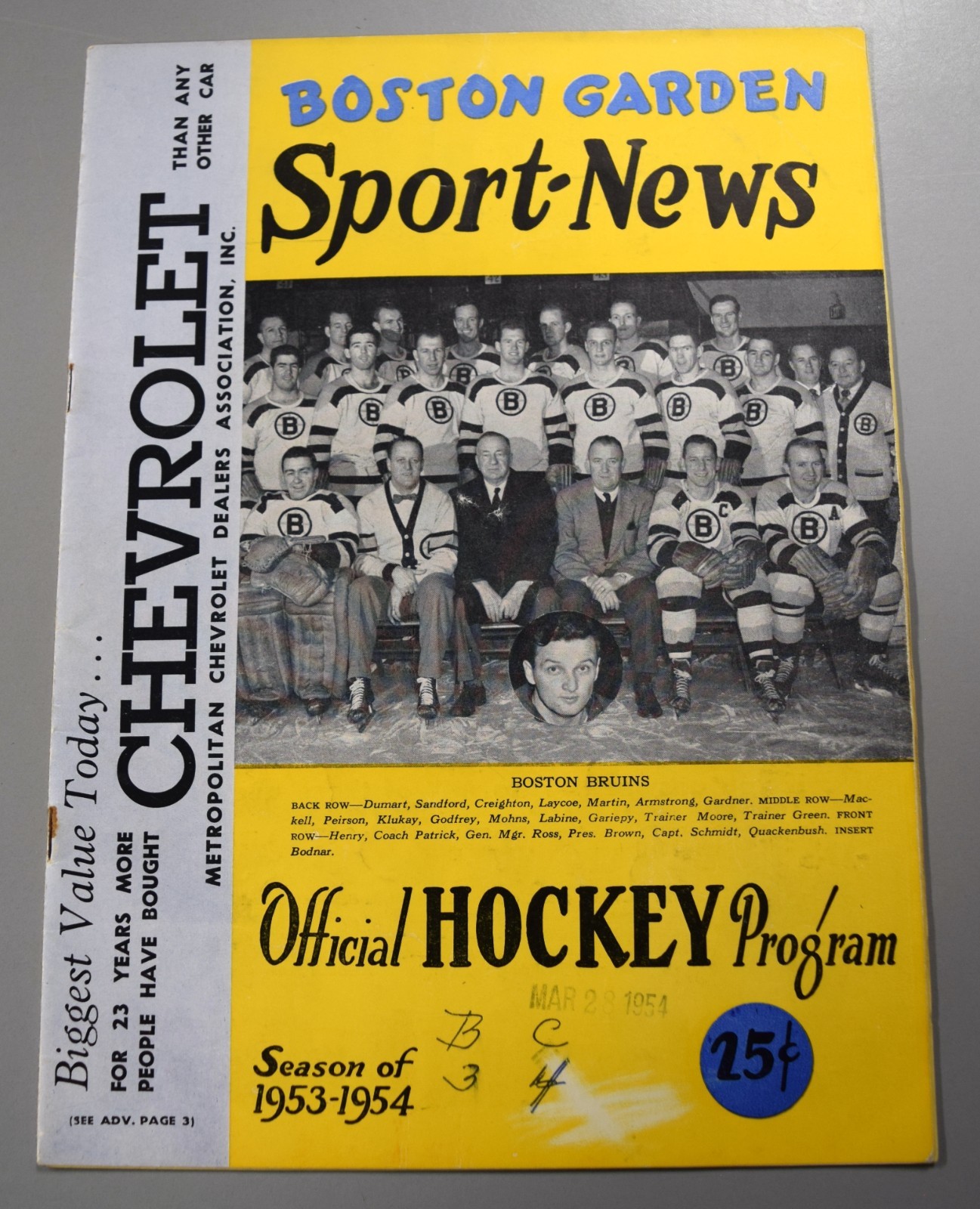 Boston Bruins Vs Montreal Canadiens March 28th 1954 Official Game Program Plante