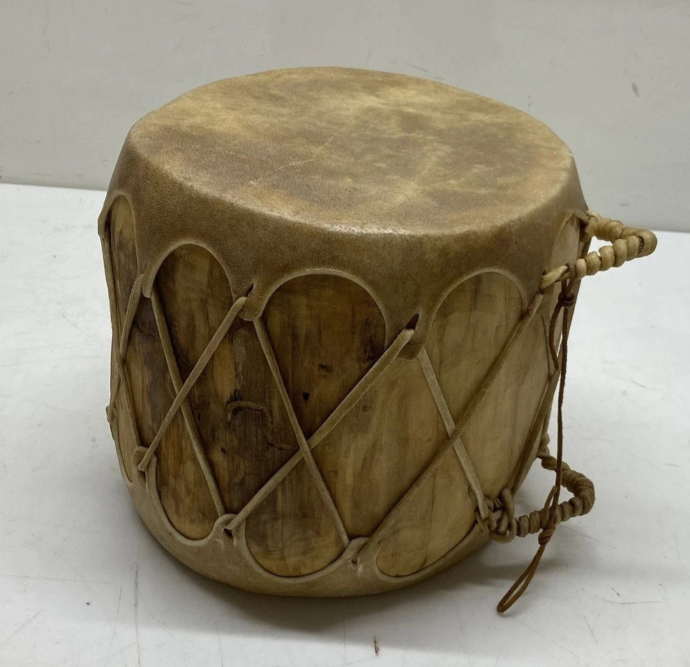 Vintage handmade animal hide and wood drum