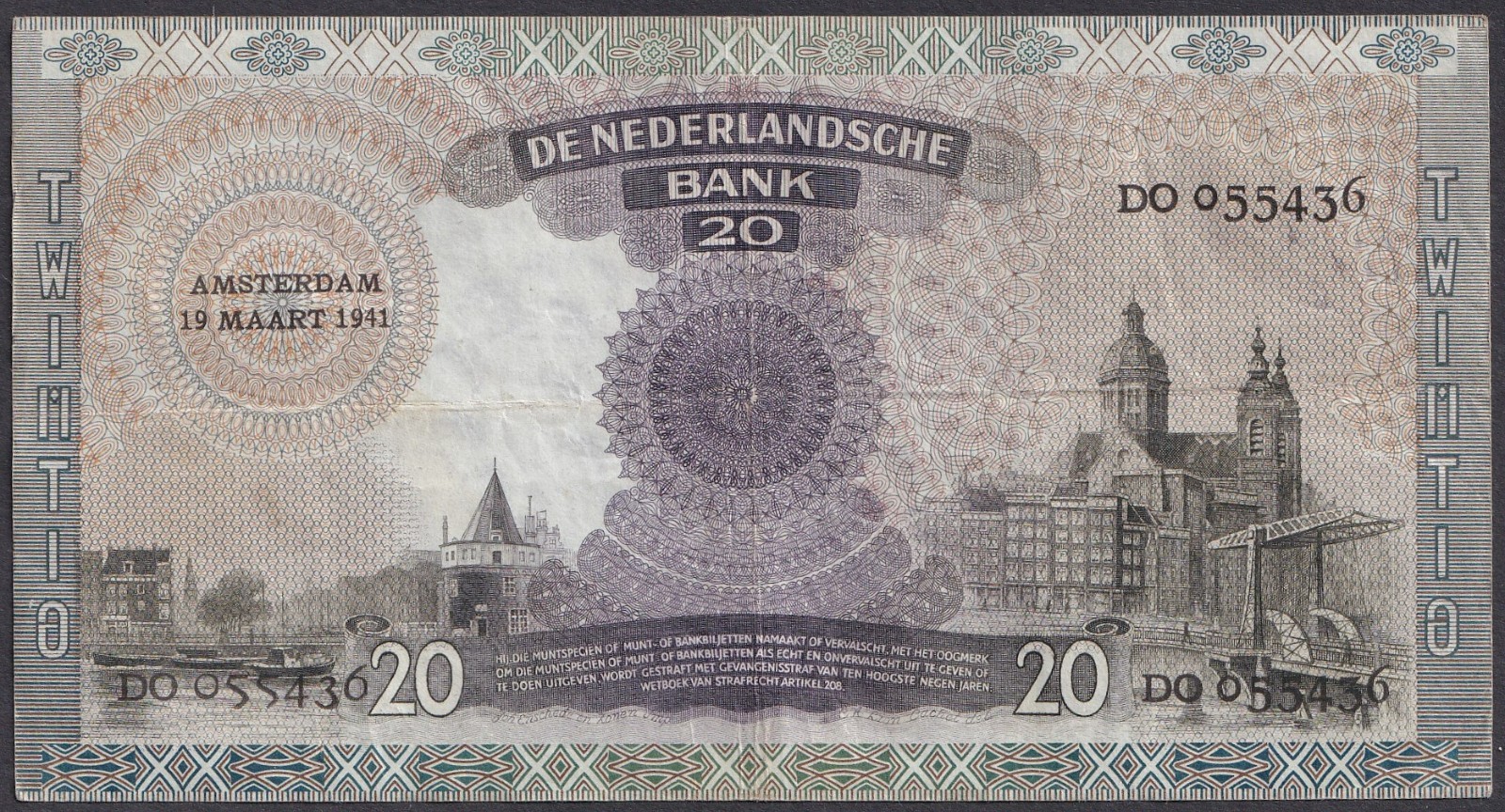 NETHERLANDS 20 GULDEN 19 MARCH 1941