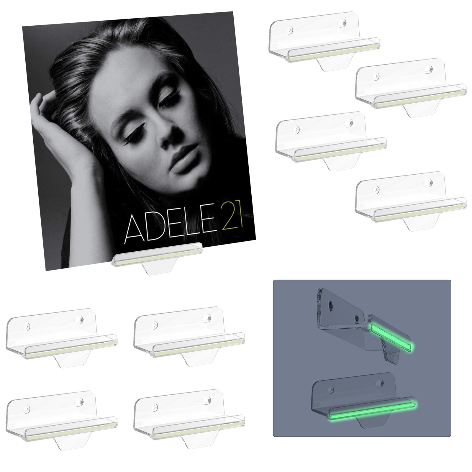 10 Pack 4 Inch Clear Vinyl Record Shelf, Glow in the Dark, Wall Mount Holder