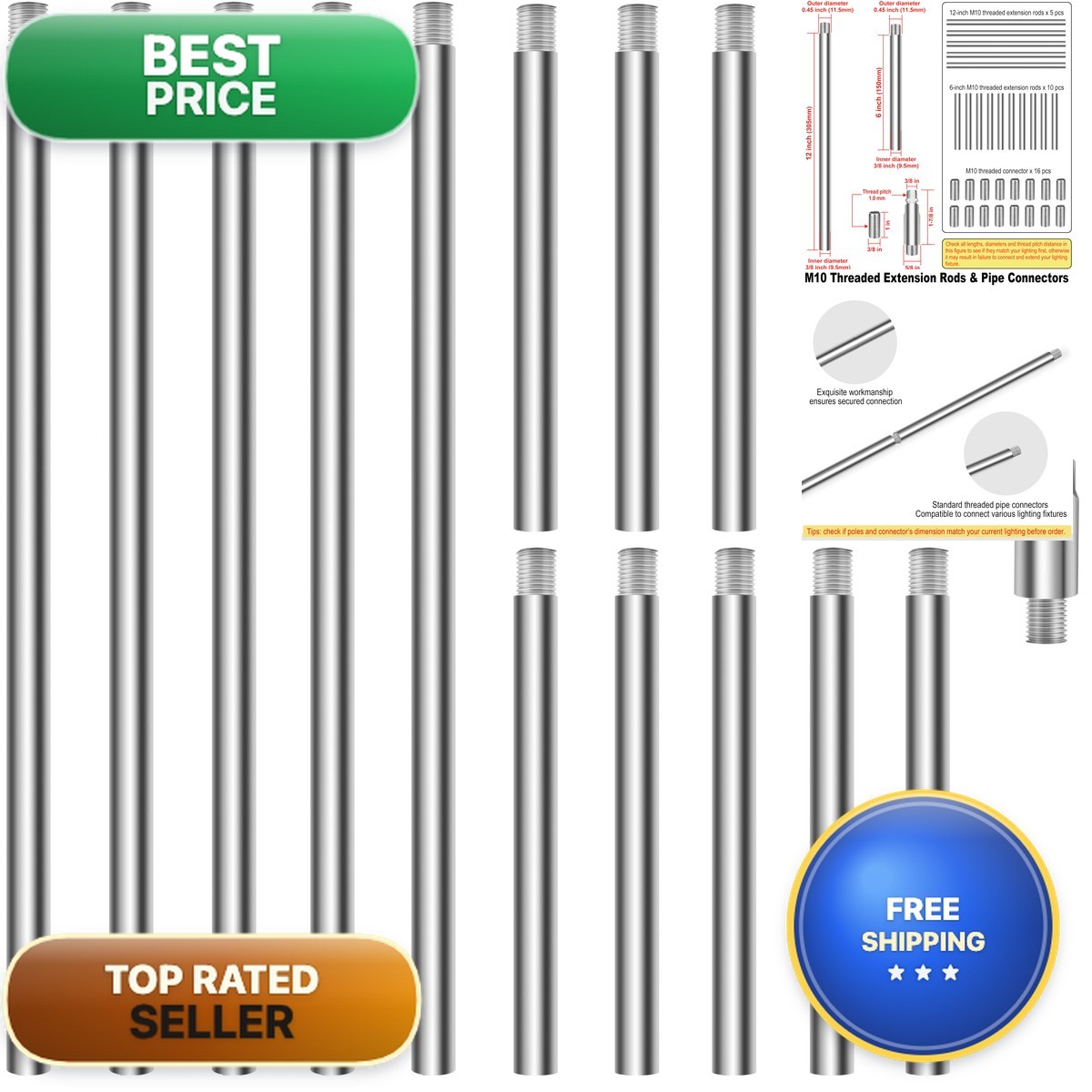 MAYOMAJO M10 Threaded Extension Poles, 5 PCS 12-inch & 10 PCS 6-inch Lighting