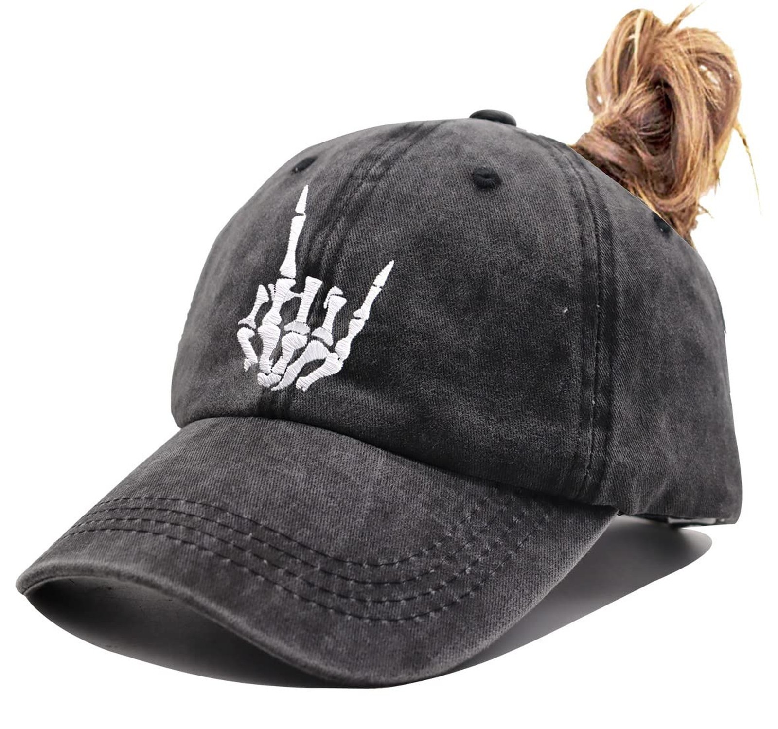 Skeleton Hand Hat, Skull Finger Baseball Cap Adjustable Washed Distressed Den...