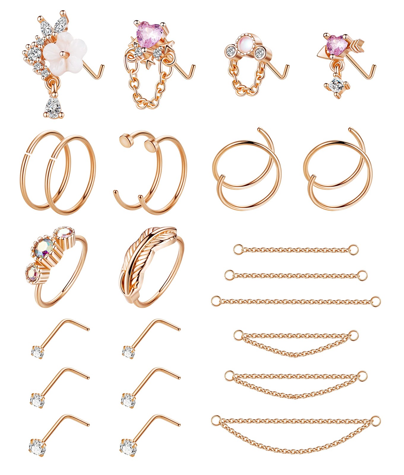 24Pcs 20G Stainless Steel Nose Ring Chain Piercing Across Double Nose Stud with