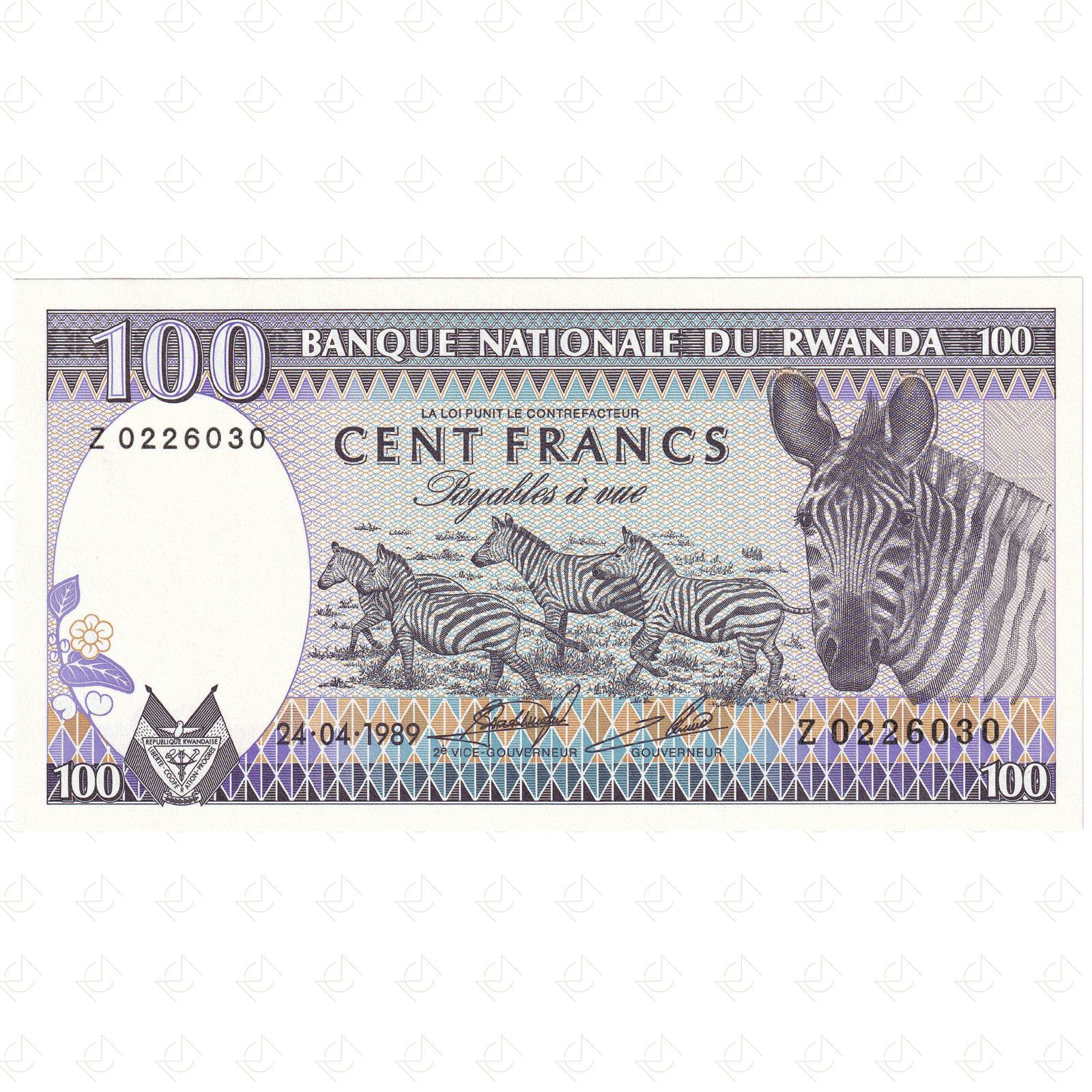 1989 Rwanda 100 Francs Banknote – P#19a
