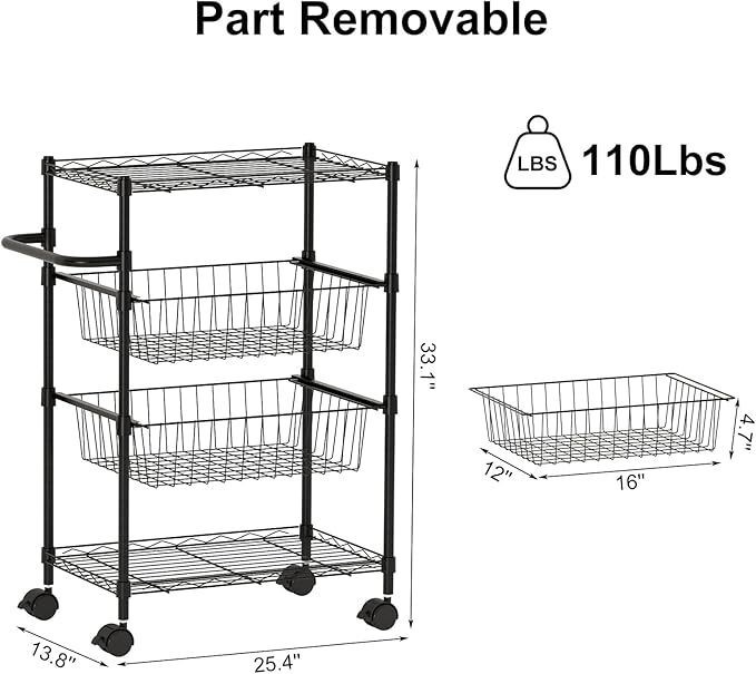 4-Tier Kitchen Cart Rolling Storage Utility Cart w/ Handle & 2 Removable Baskets