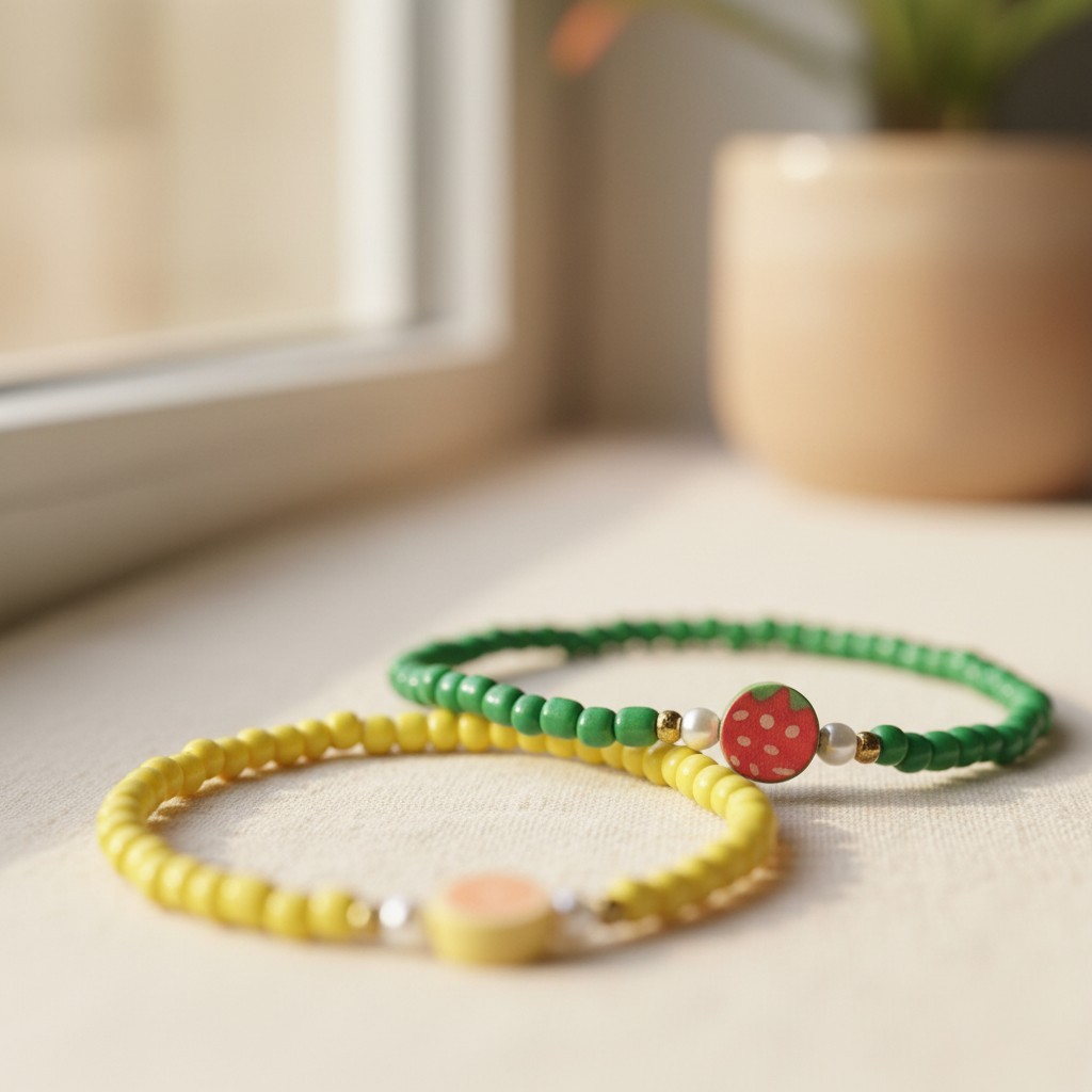 Handmade Green Yellow Beaded Bracelet Set, Fruit Charms, Playful Boho Jewelry