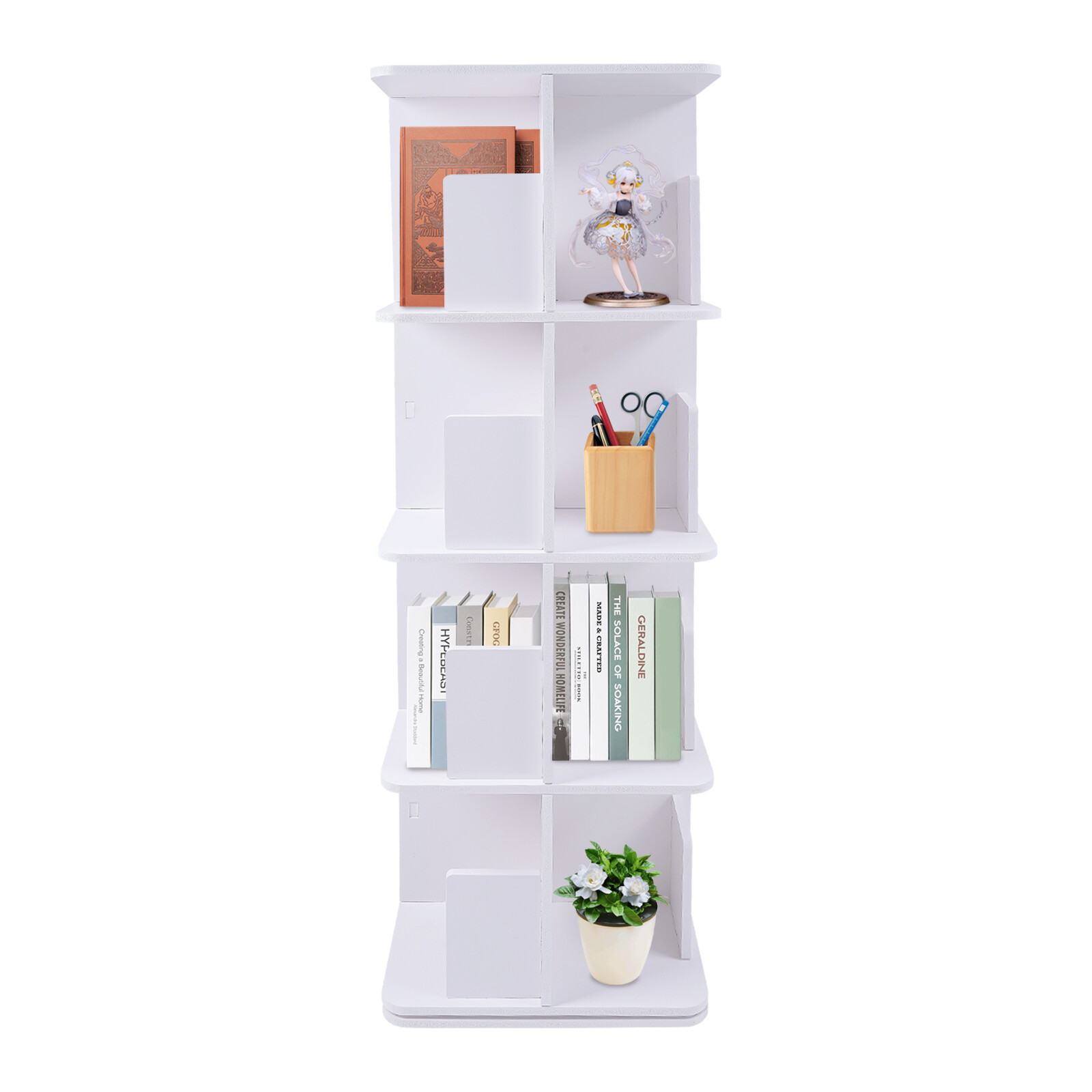 4-Tier White 360° Rotating Bookshelf Standing Bookcase Small Corner Bookcase