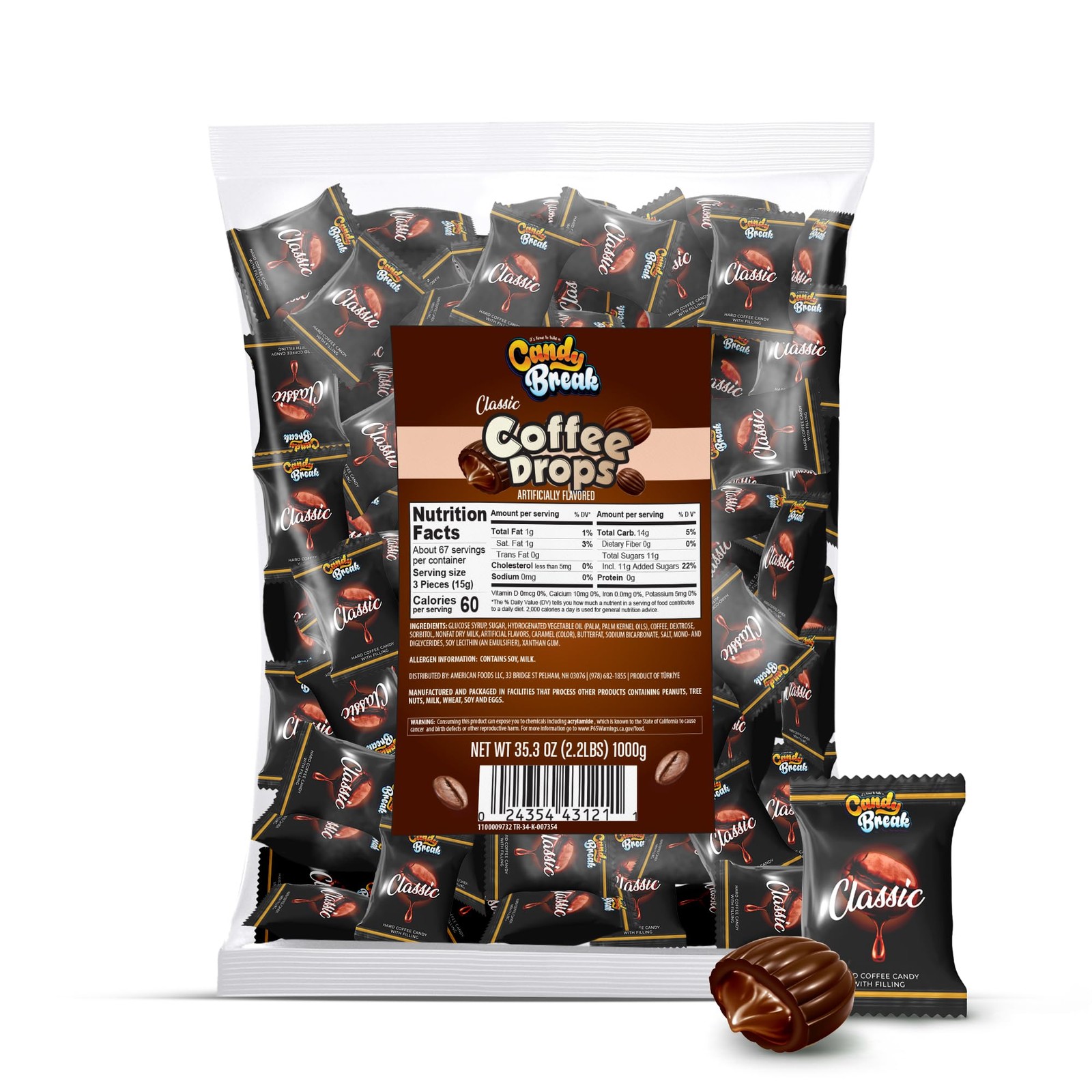 Espresso Coffee Drops - Individually Wrapped Hard Candy, 2.2 lb Bulk Bag
