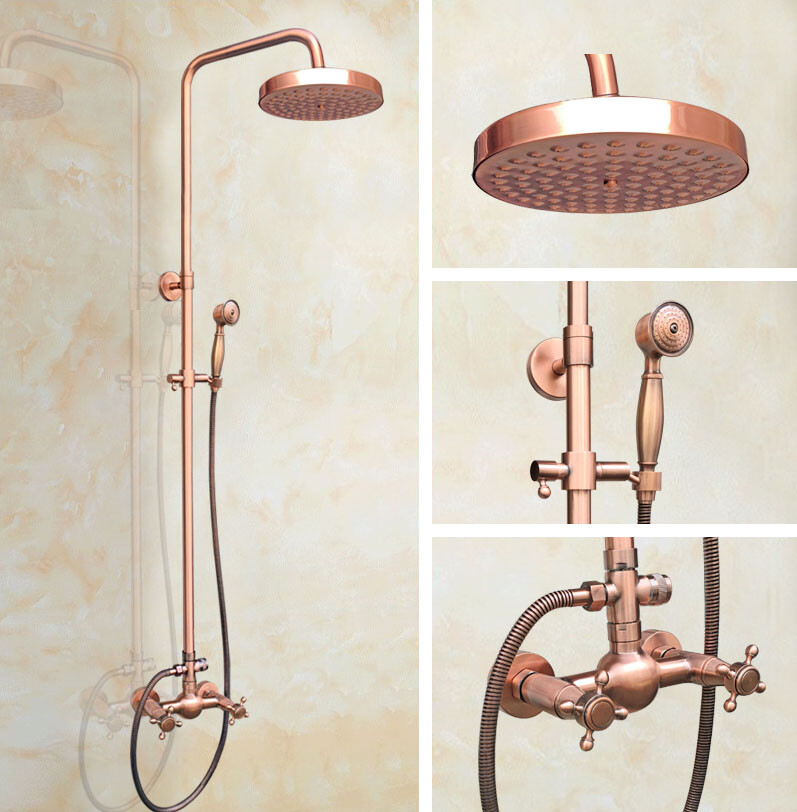 Antique Red Copper Rainfall Bathroom Rain Shower Faucet Set Mixer Tap 2rg522