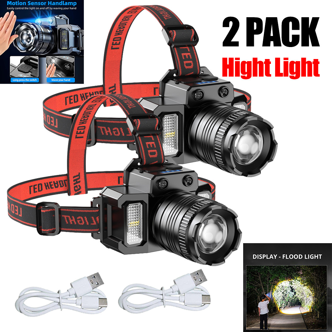2025 New Model Outdoor Camping Headlamp, 2-Pack LED Sensor USB Rechargeable