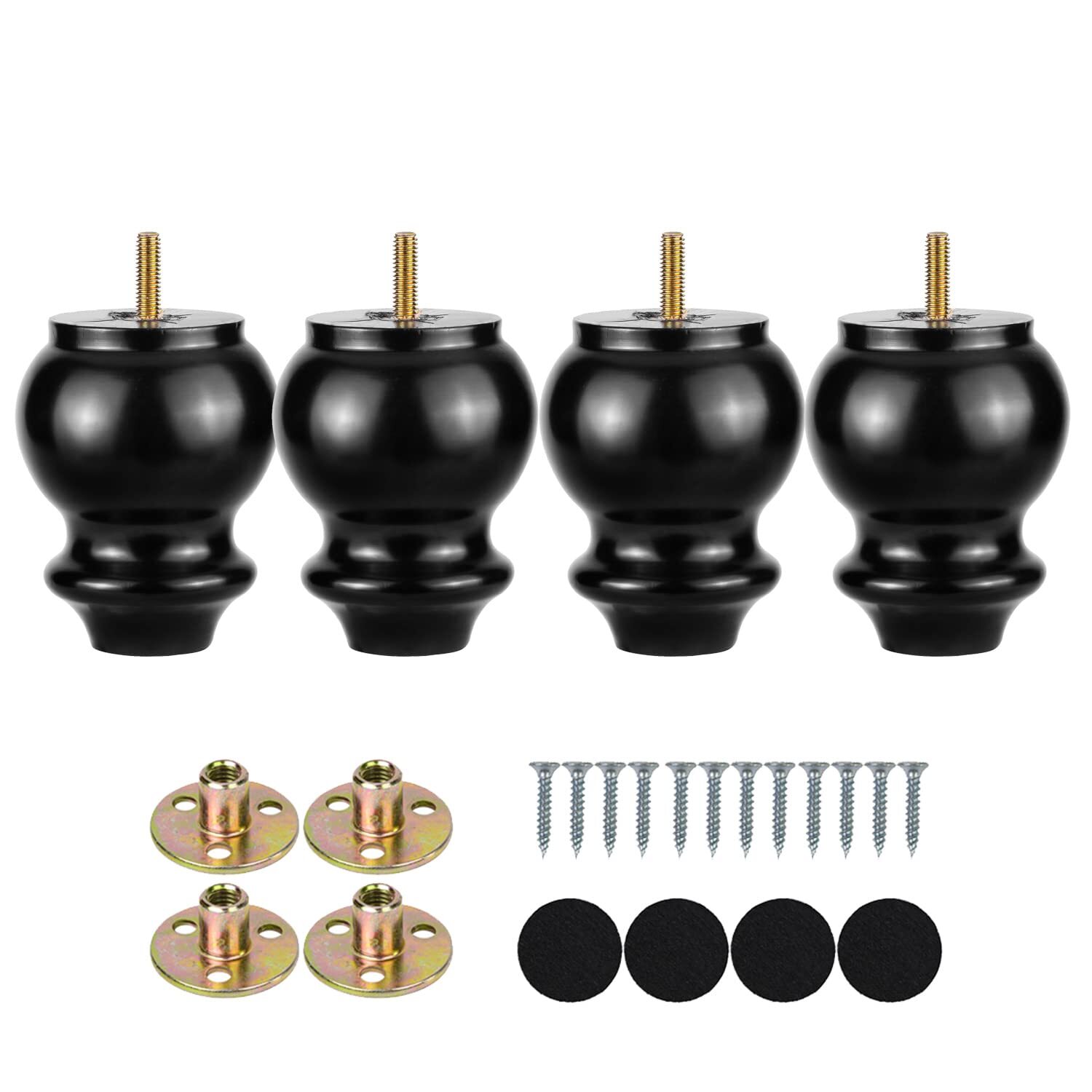 4-Pack 4-inch Black Wood Bun Feet Replacement Furniture Legs for Sofa Couch