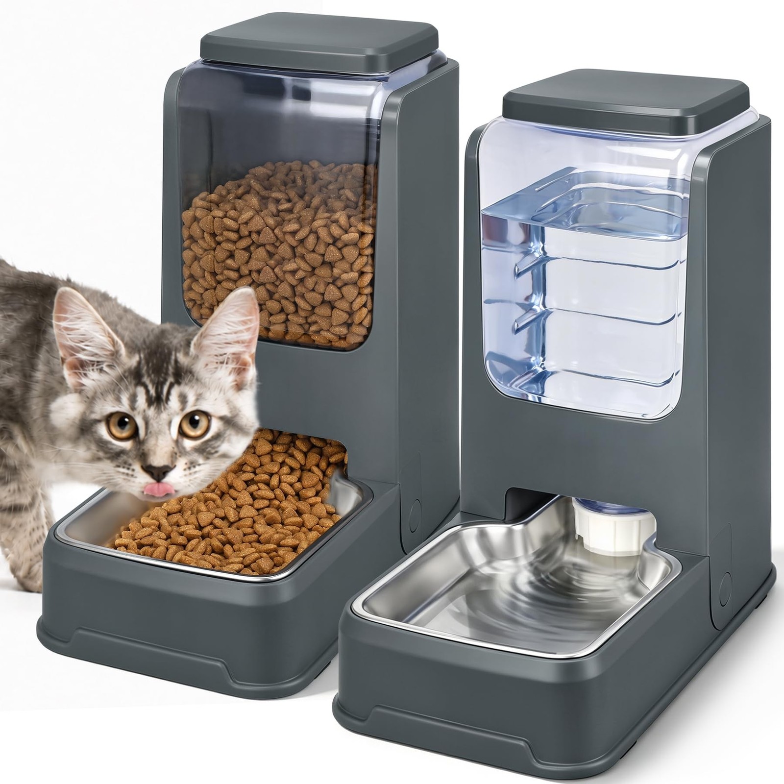 2 Pack Automatic Cat Feeder and Water Dispenser Set with Dog Stainless Steel ...