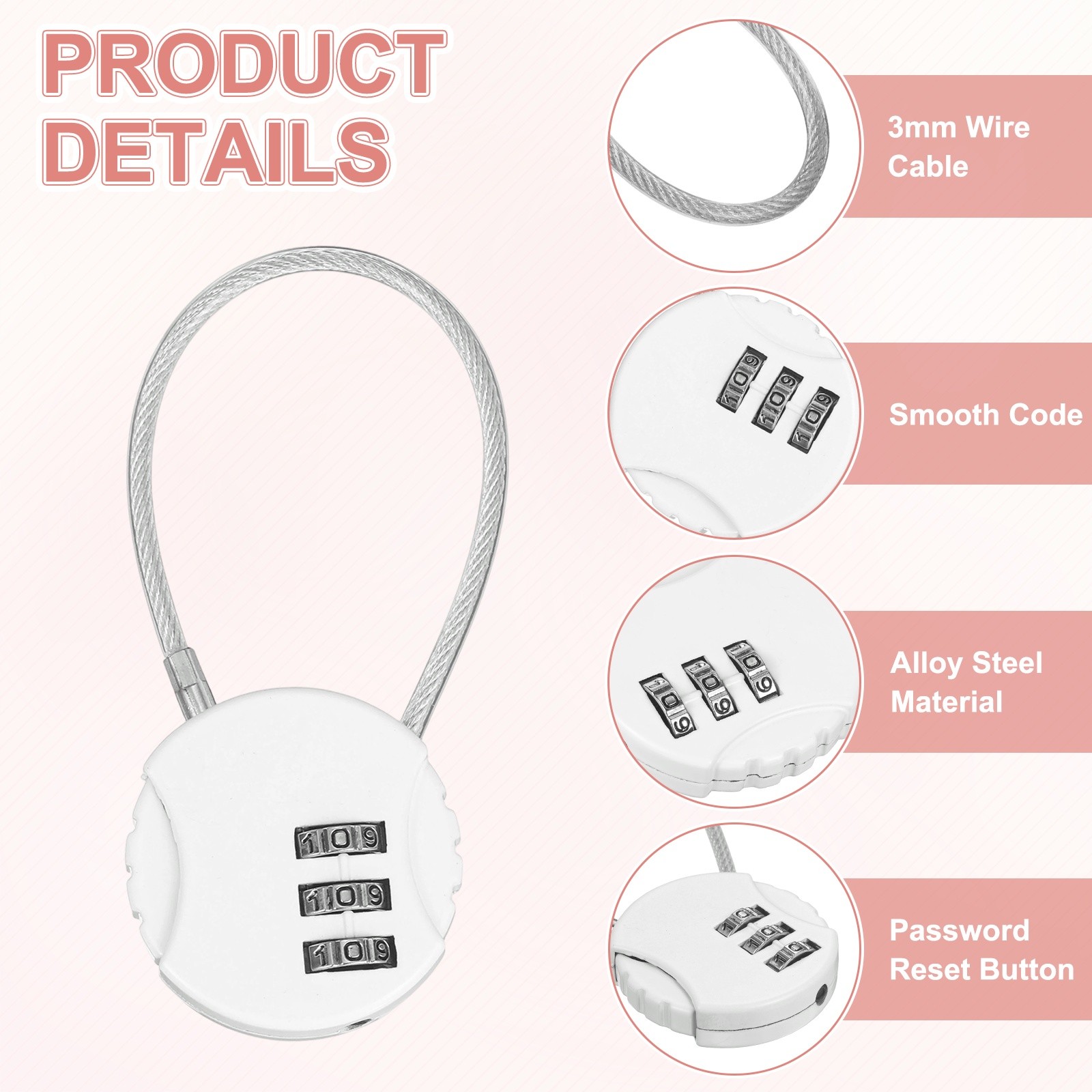 3-Pack Combination Locker Lock, 3 Digit Padlock for Gym/Luggage [White]