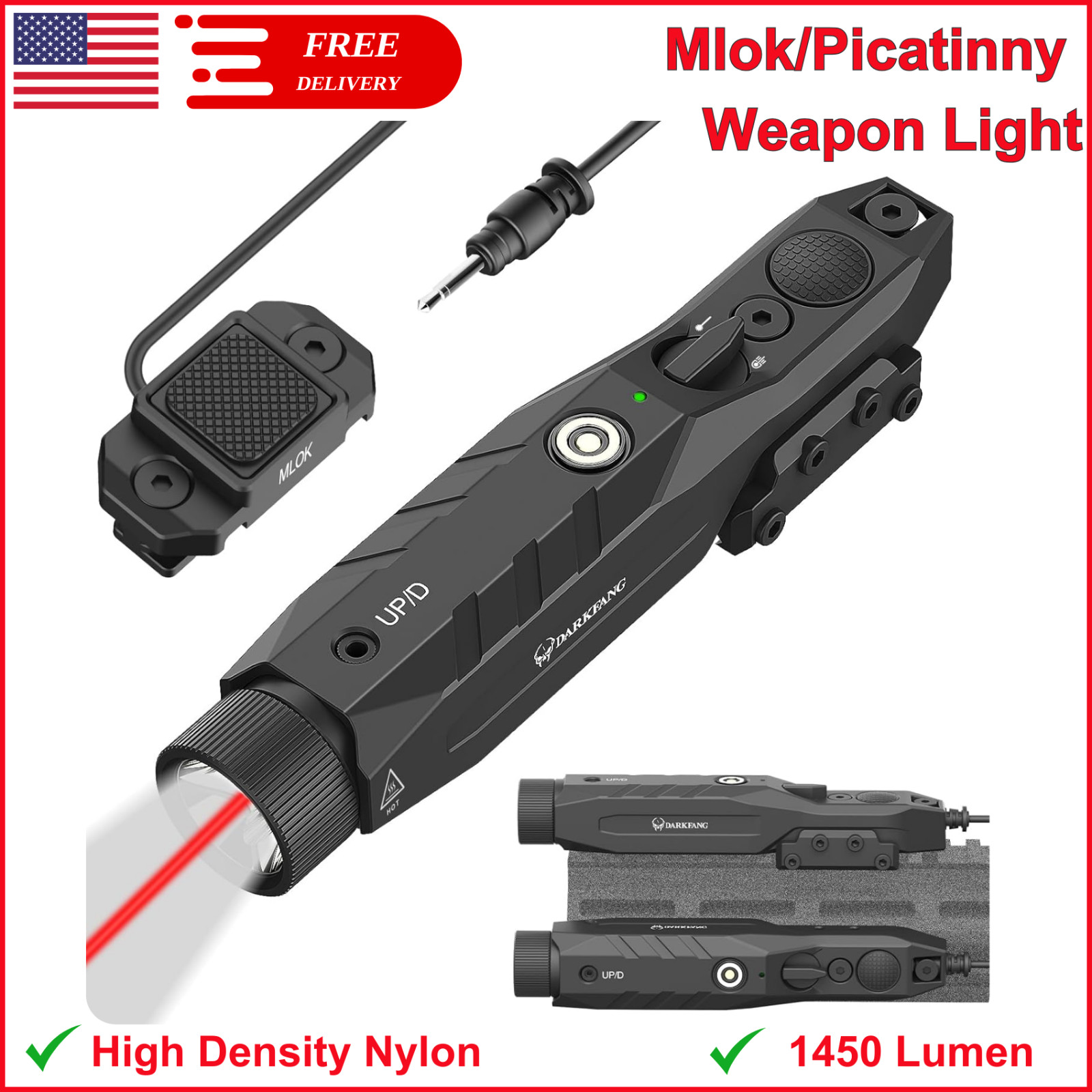 Mlok & Picatinny Flashlight & Red Laser Combo For Rifle, 1450 Lumen Weapon Light
