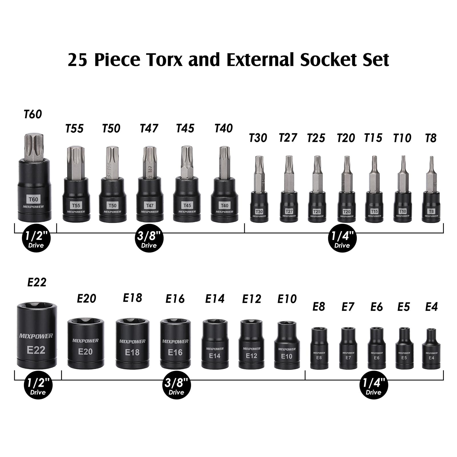 MIXPOWER 25 Piece Torx Bit and Socket Set, 13 Star Bits T8-T60,E4-E22(25PCS)