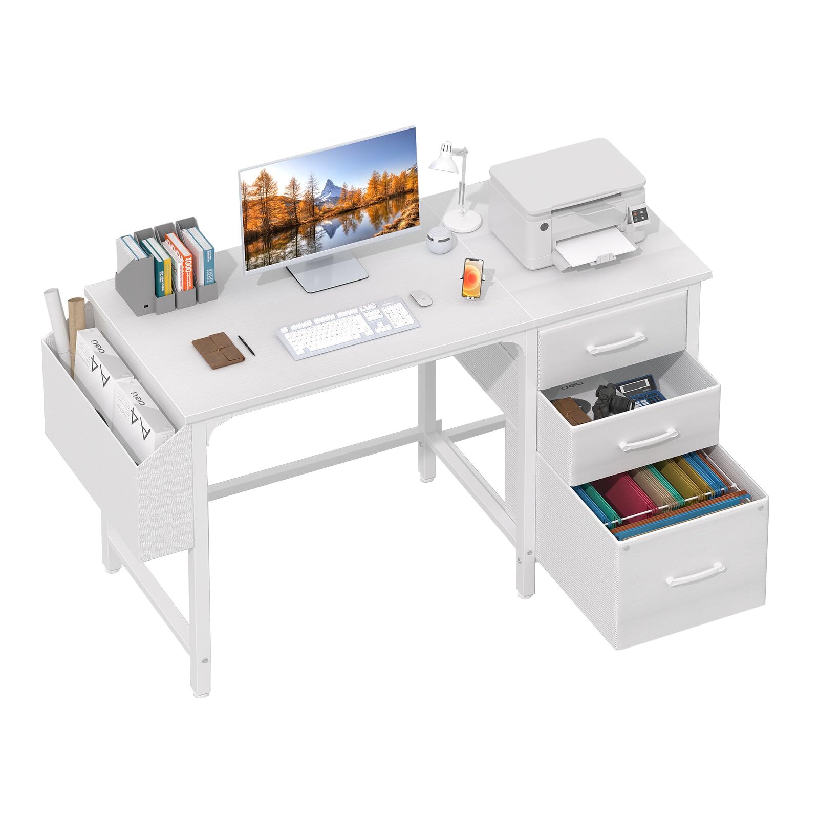 Lufeiya White Computer Desk with Fabric File Drawers Cabinet, 47 Inch Home Offic