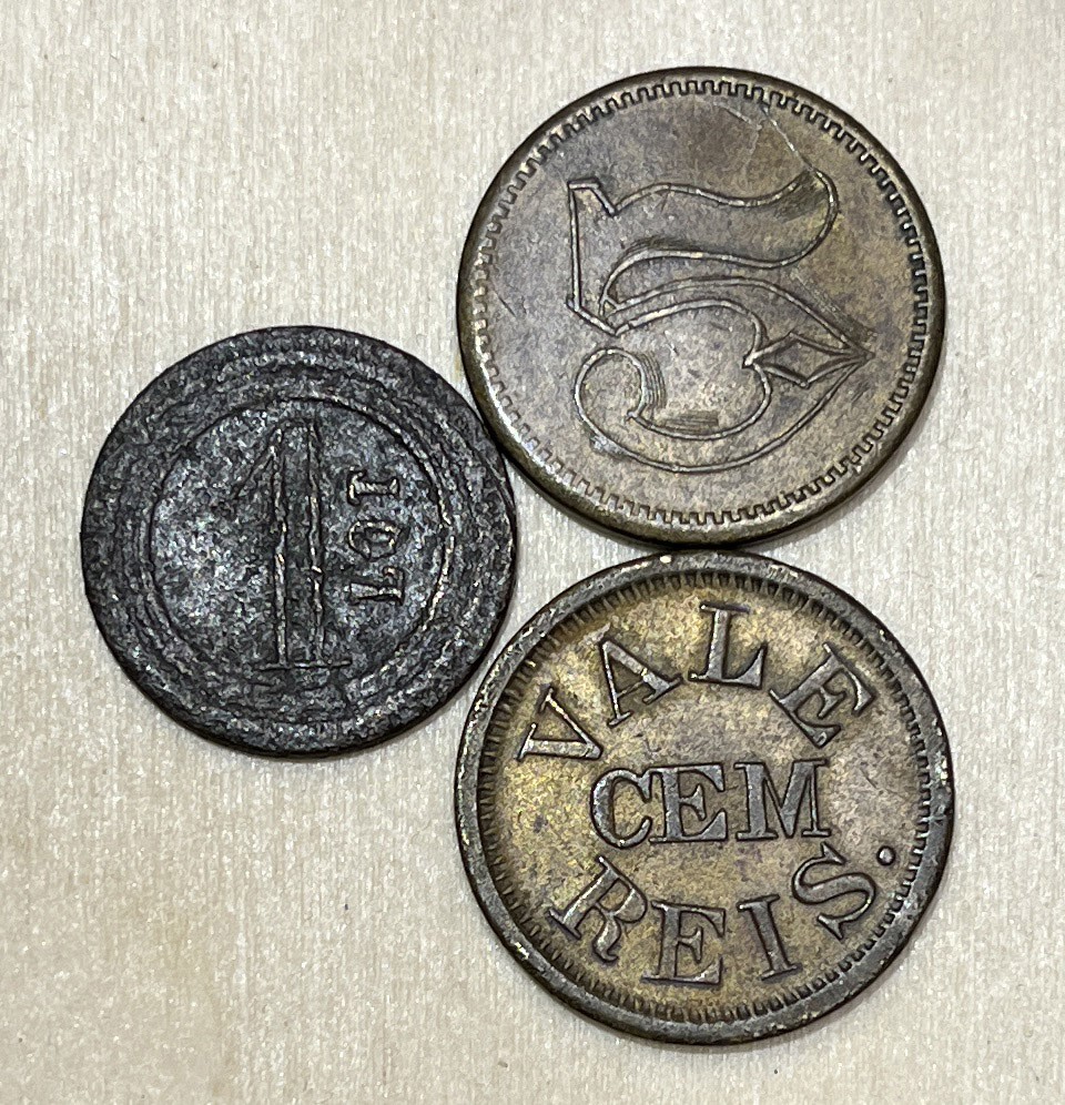 France - Brazil Uruguay antique lot x3 Tokens Cem Reis, commerce JV, Leon Gonet
