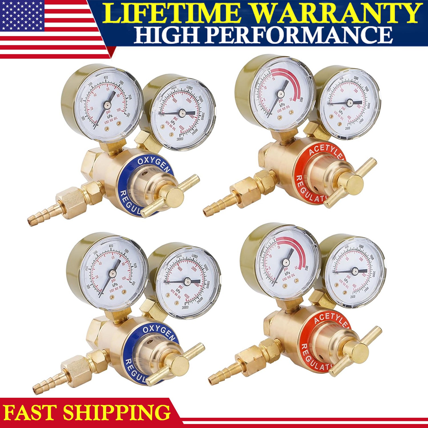 NEW 2 Pair Oxygen and Acetylene Regulators Welding Gas Gauges CGA540 and CGA200