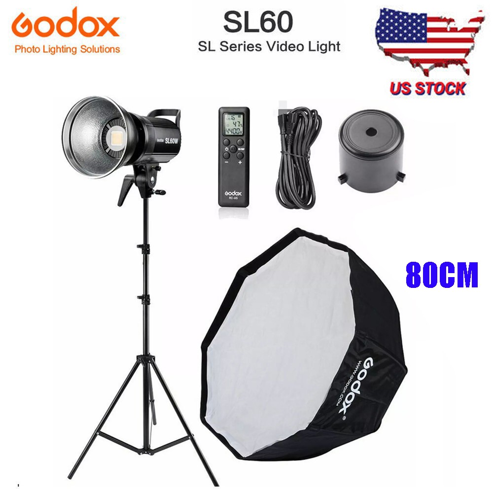 US Godox SL-60W 5600K Studio LED Video Light+80cm Octagon Umbrella Softbox Stand