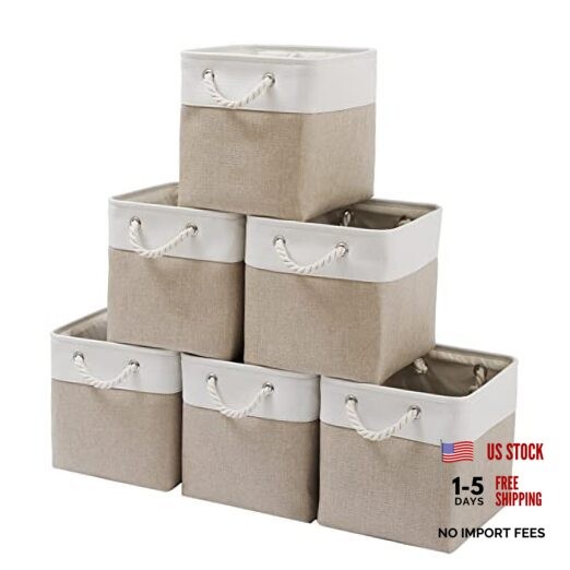 11 x 11 Inch Cube Storage Bins, 6 Pack Large White & Beige-11"x11"x11"