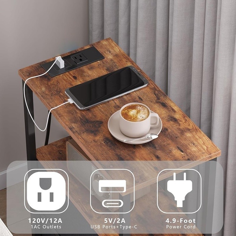 End Table Charging Station Nightstand USB Type C Fabric Drawer Storage Shelves