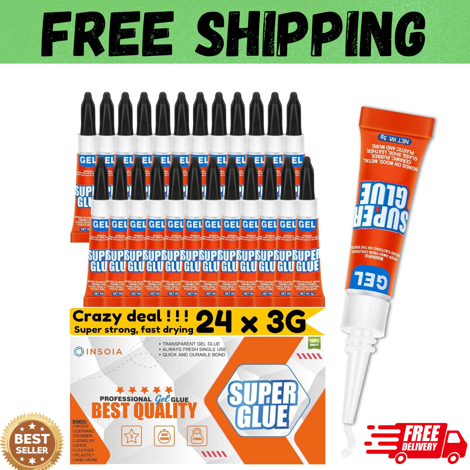 Super Glue Gel Clear Non-Drip, 24 X 3G All Purpose Strong Adhesive Ca Glue Quick