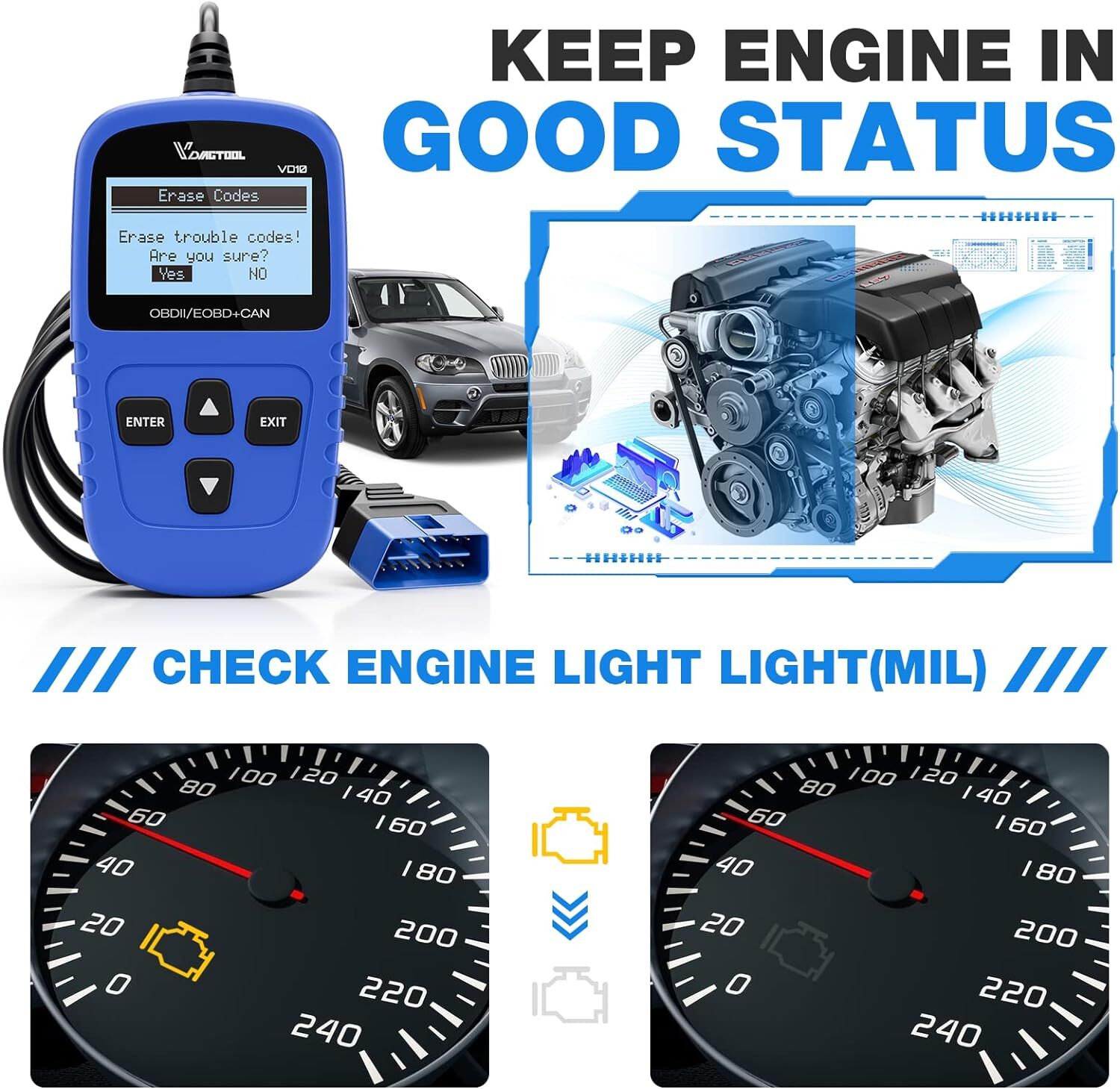 VDIAGTOOL VD10 OBD2 Scanner Car Diagnostic Tool Code Reader Engine DTC Lookup US