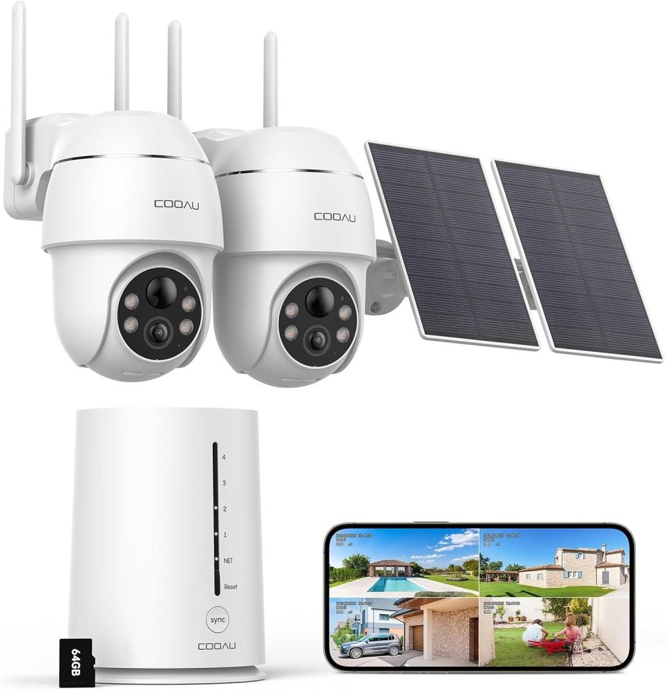 COOAU Wireless Outdoor Security Camera System 2 Solar Cameras with 4MP & 360°